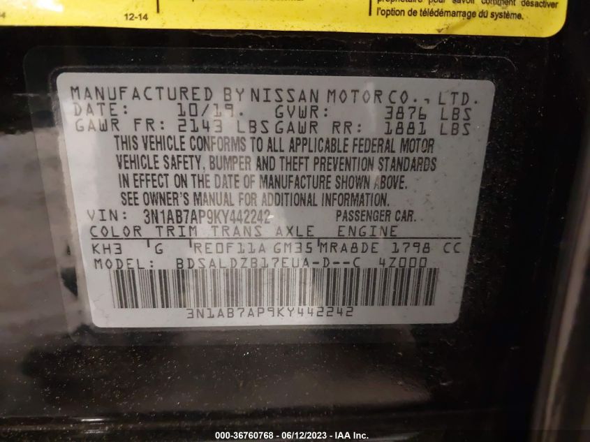 2019 NISSAN SENTRA SV - 3N1AB7AP9KY442242