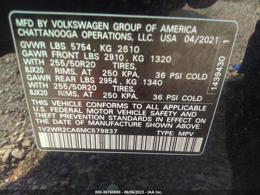 2021 VOLKSWAGEN ATLAS SE - 1V2WR2CA6MC579837