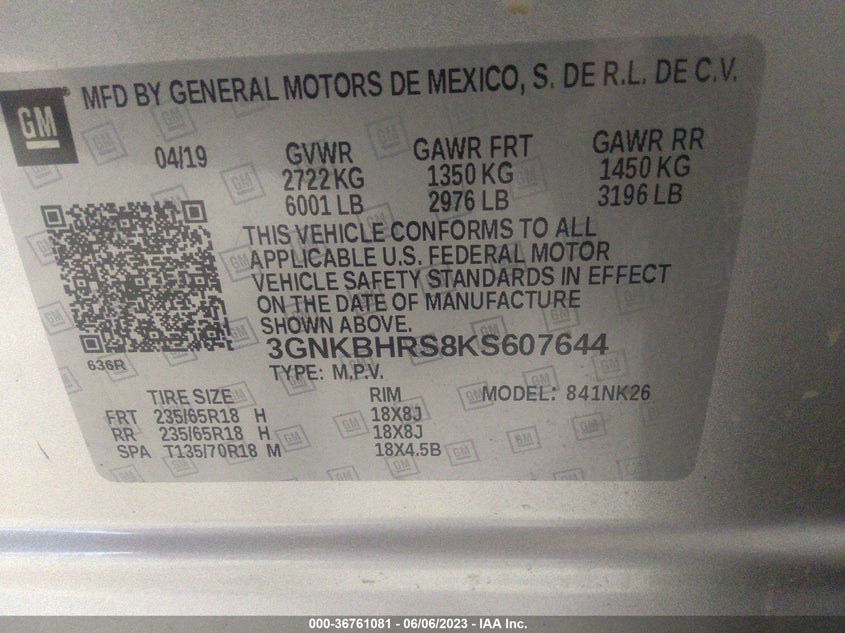 VIN 3GNKBHRS8KS607644 2019 CHEVROLET BLAZER 3LT