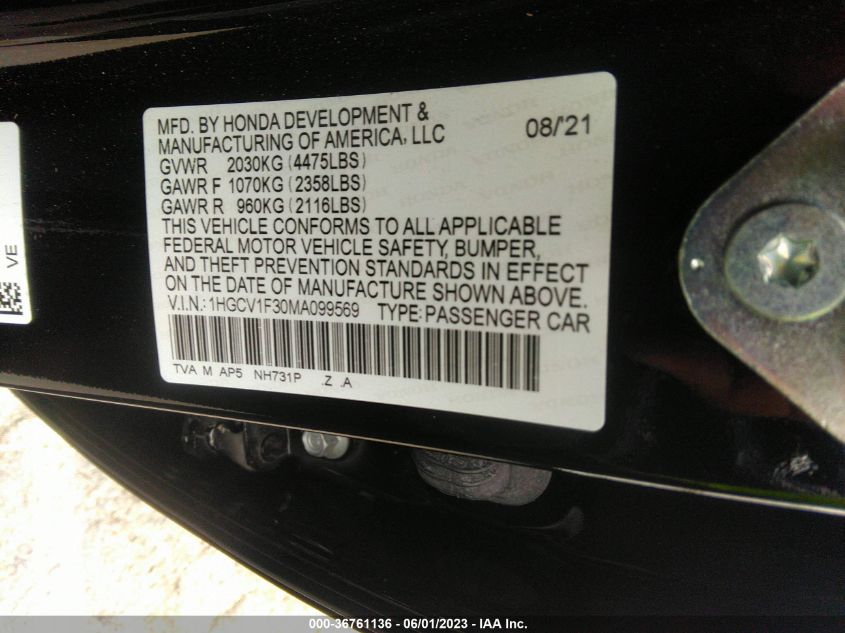 2021 HONDA ACCORD SEDAN SPORT - 1HGCV1F30MA099569