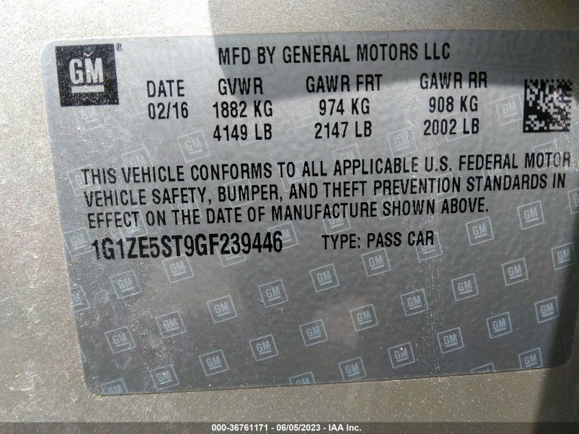 2016 CHEVROLET MALIBU LT - 1G1ZE5ST9GF239446