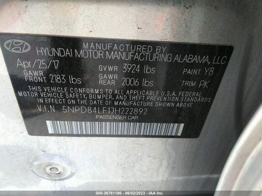 2018 HYUNDAI ELANTRA SEL - 5NPD84LF1JH222892