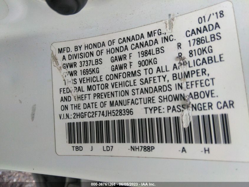 2018 HONDA CIVIC SEDAN EX - 2HGFC2F74JH528396