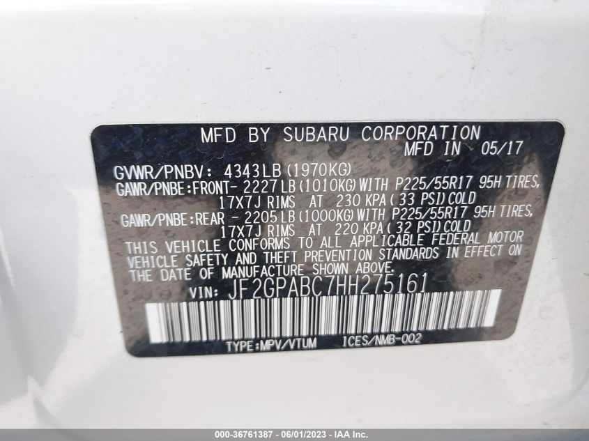 2017 SUBARU CROSSTREK PREMIUM - JF2GPABC7HH275161