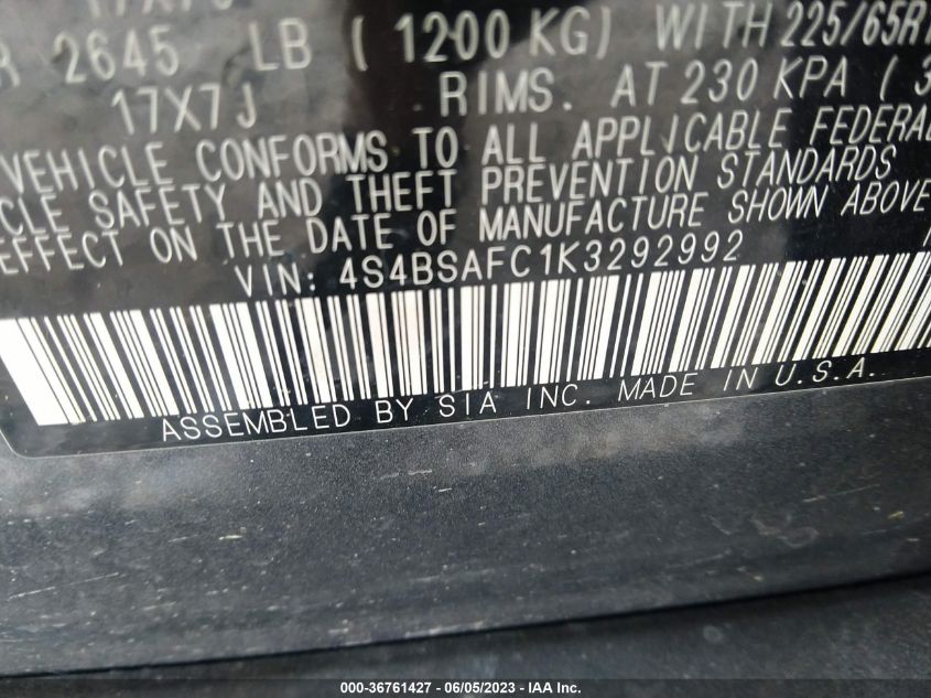 2019 SUBARU OUTBACK 2.5I PREMIUM - 4S4BSAFC1K3292992