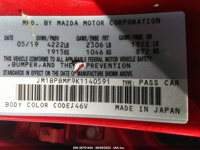 2019 MAZDA MAZDA3 HATCHBACK W/PREFERRED PKG JM1BPBMM9K1140591