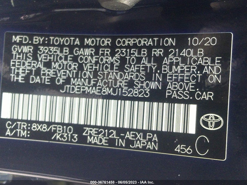 VIN JTDEPMAE8MJ152823 2021 TOYOTA COROLLA LE