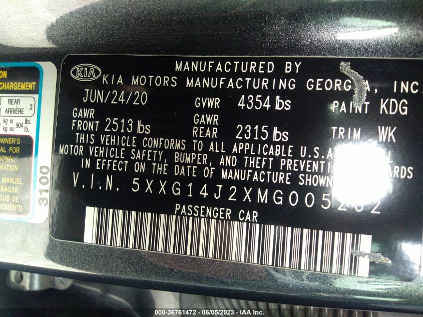 2021 KIA K5 LXS - 5XXG14J2XMG005262