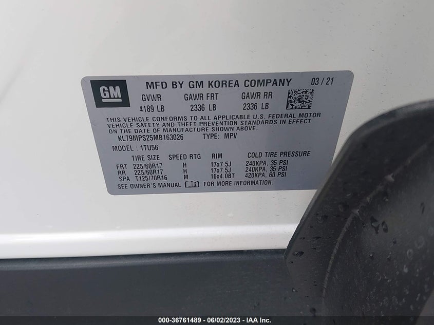 VIN KL79MPS25MB163026 2021 CHEVROLET TRAILBLAZER LT