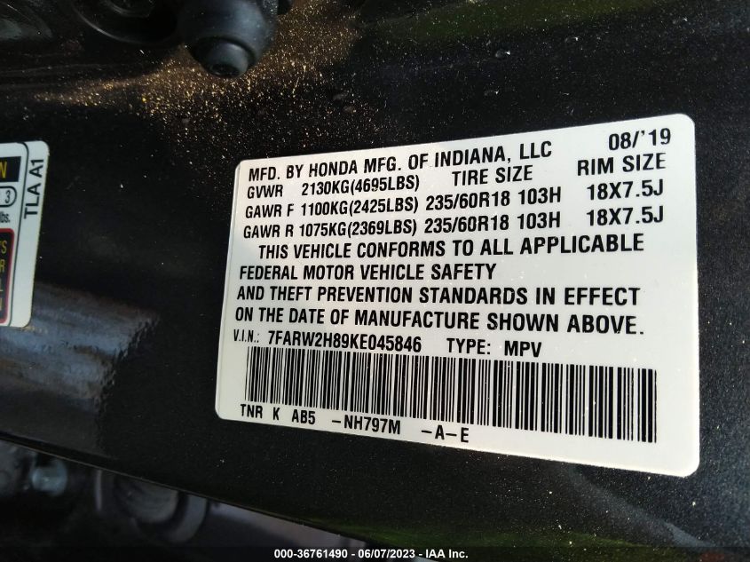 2019 HONDA CR-V EX-L - 7FARW2H89KE045846
