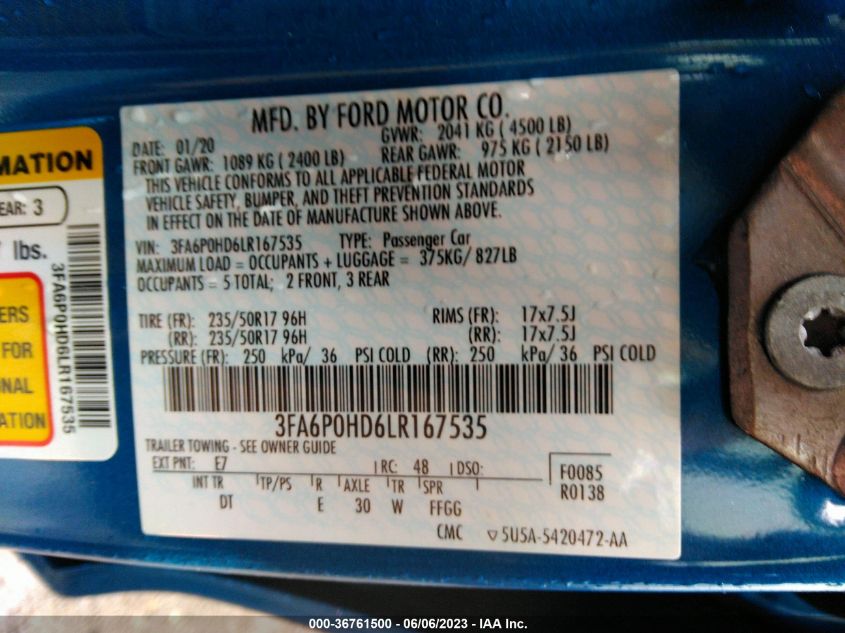 2020 FORD FUSION SE - 3FA6P0HD6LR167535