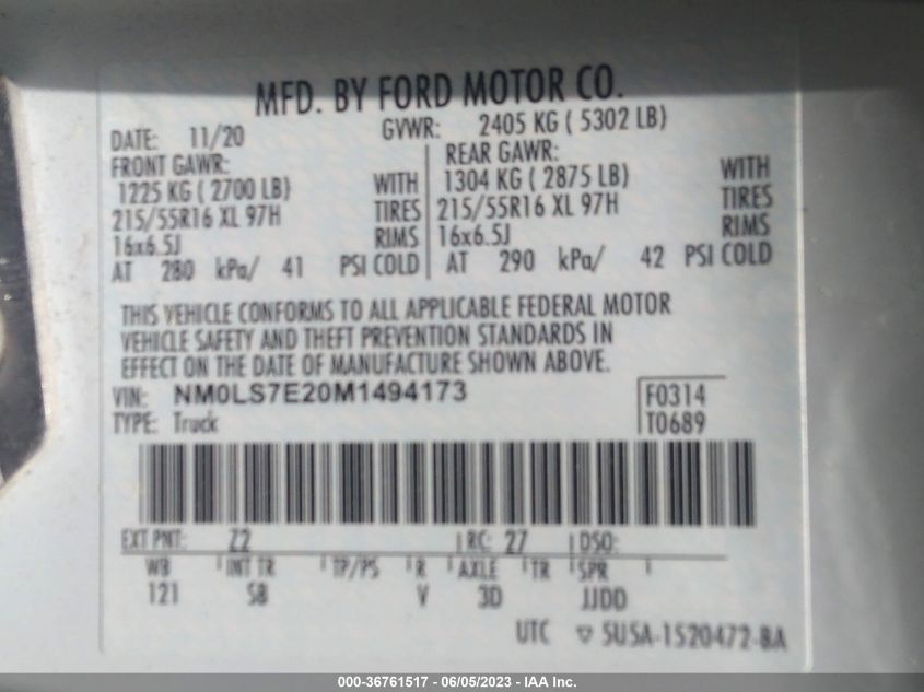 2021 FORD TRANSIT CONNECT VAN XL NM0LS7E20M1494173