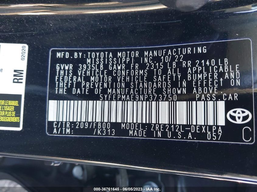 2022 TOYOTA COROLLA LE - 5YFEPMAE9NP373750