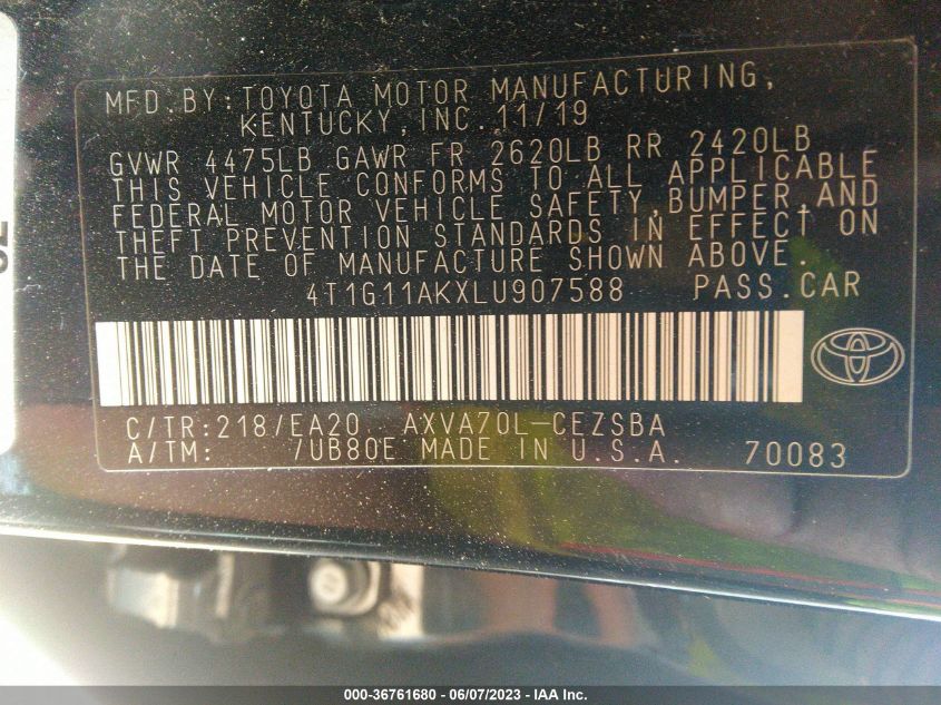 2020 TOYOTA CAMRY SE - 4T1G11AKXLU907588