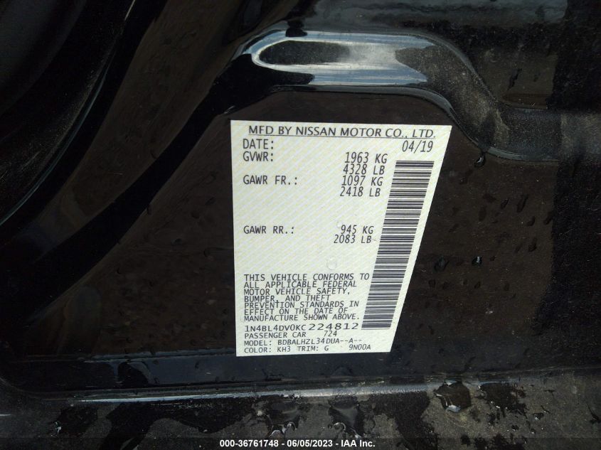 2019 NISSAN ALTIMA 2.5 SV - 1N4BL4DV0KC224812