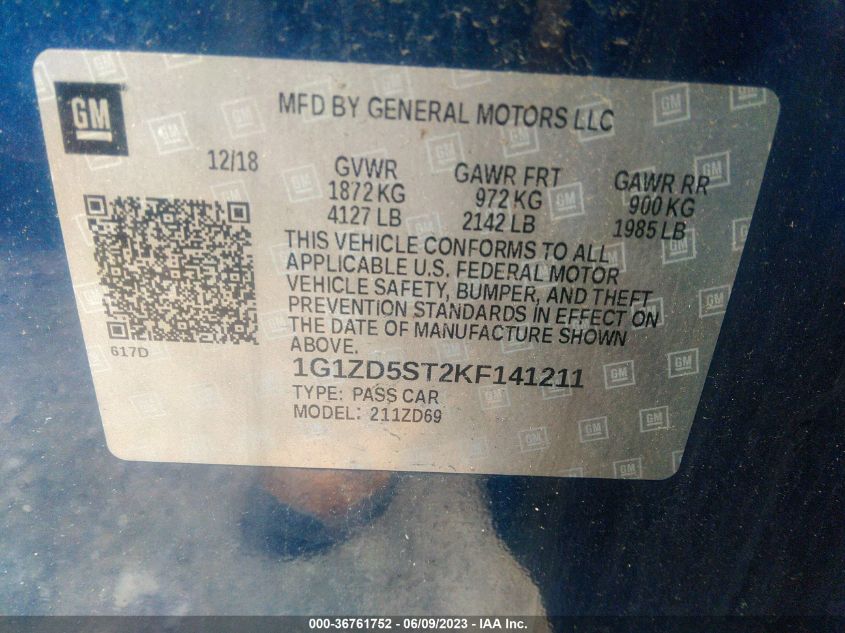 2019 CHEVROLET MALIBU LT - 1G1ZD5ST2KF141211