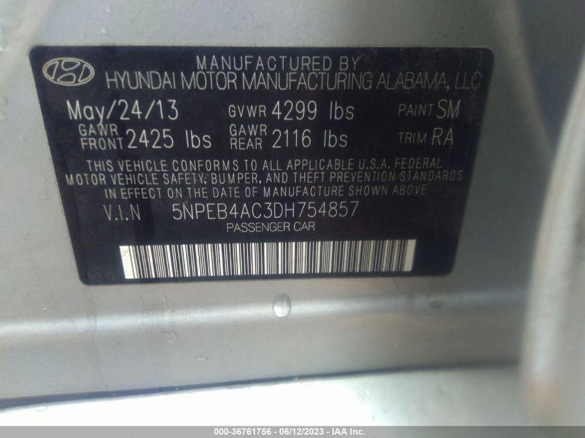 2013 HYUNDAI SONATA GLS PZEV - 5NPEB4AC3DH754857