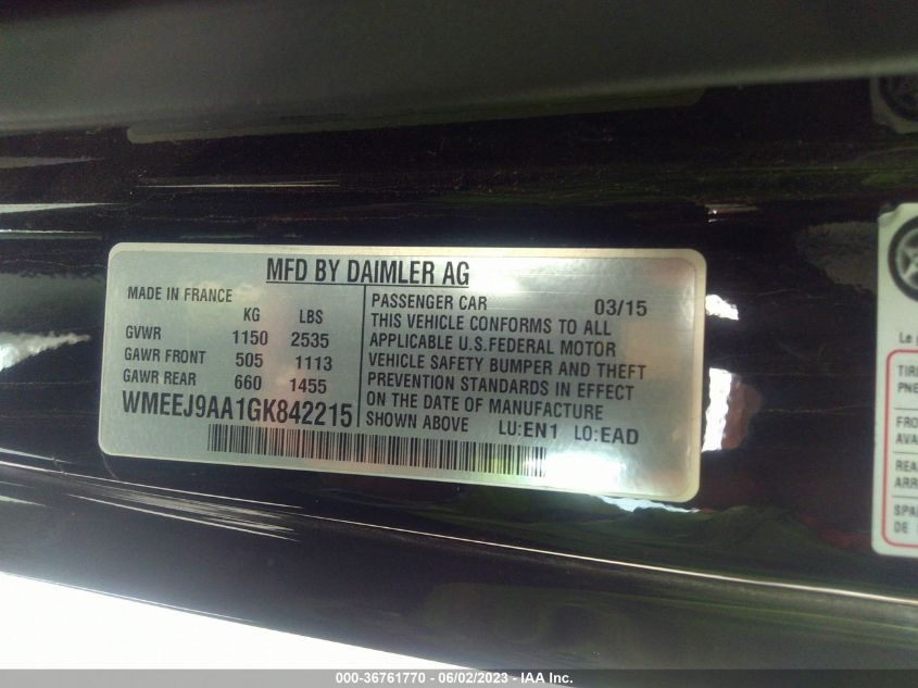 2016 SMART FORTWO ELECTRIC DRIVE PASSION - WMEEJ9AA1GK842215
