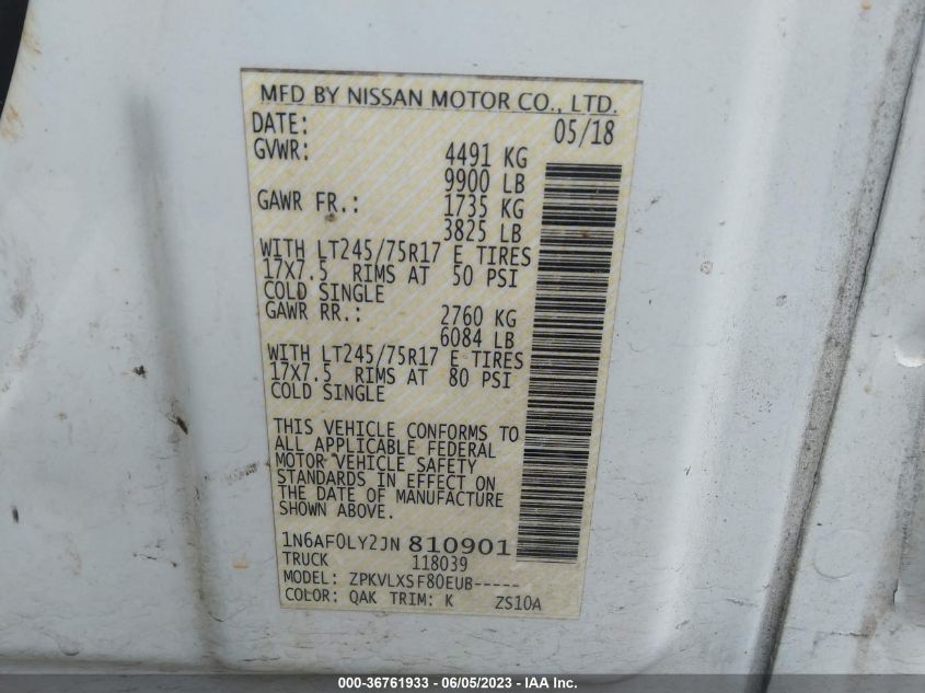 2018 NISSAN NV CARGO SV - 1N6AF0LY2JN810901