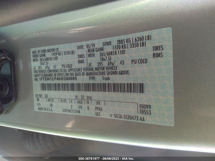 VIN 1FTEW1CP4KKD80695 2019 FORD F-150 XL/XLT/LARIAT