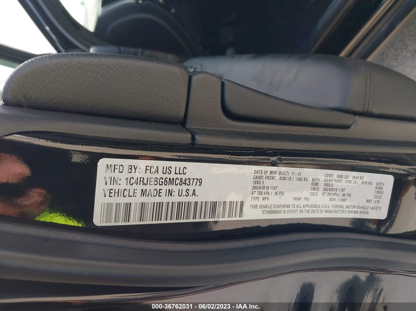 VIN 1C4RJEBG6MC843779 2021 JEEP GRAND CHEROKEE LIMITED