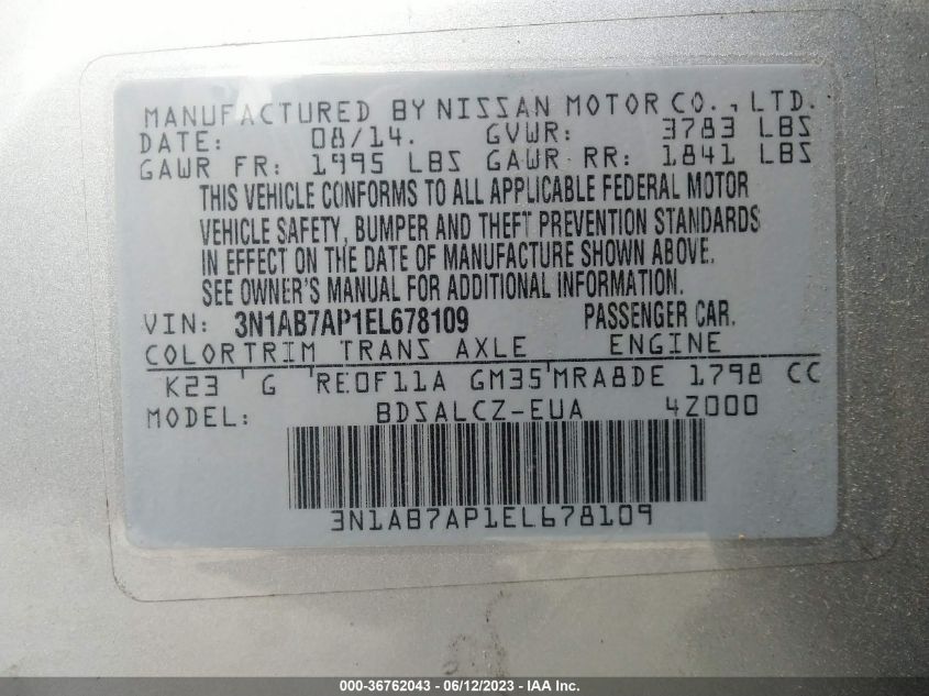 2014 NISSAN SENTRA S - 3N1AB7AP1EL678109