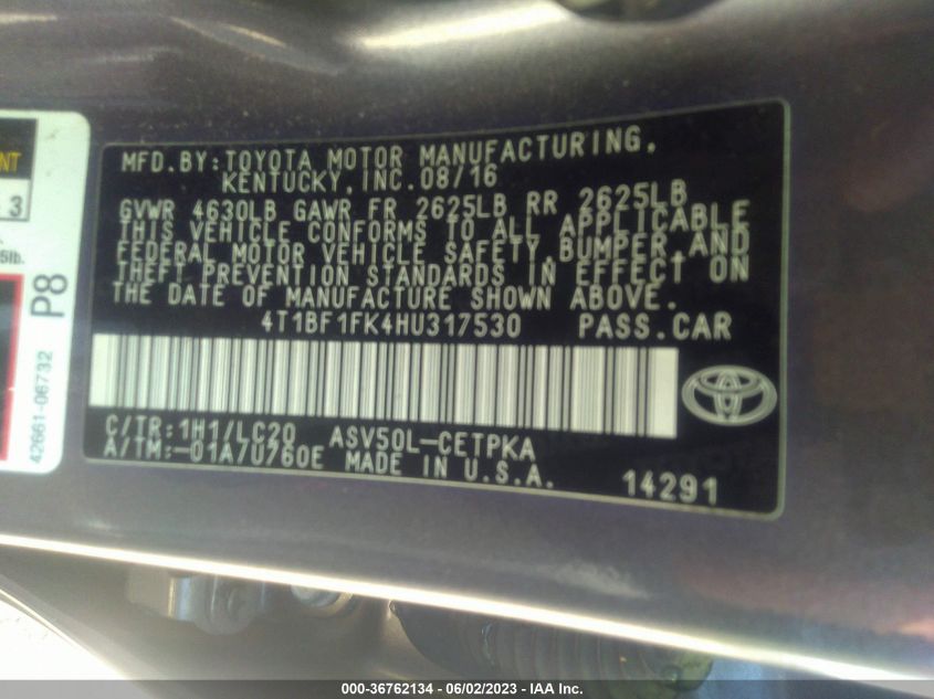 2017 TOYOTA CAMRY XLE/SE/LE/XSE - 4T1BF1FK4HU317530