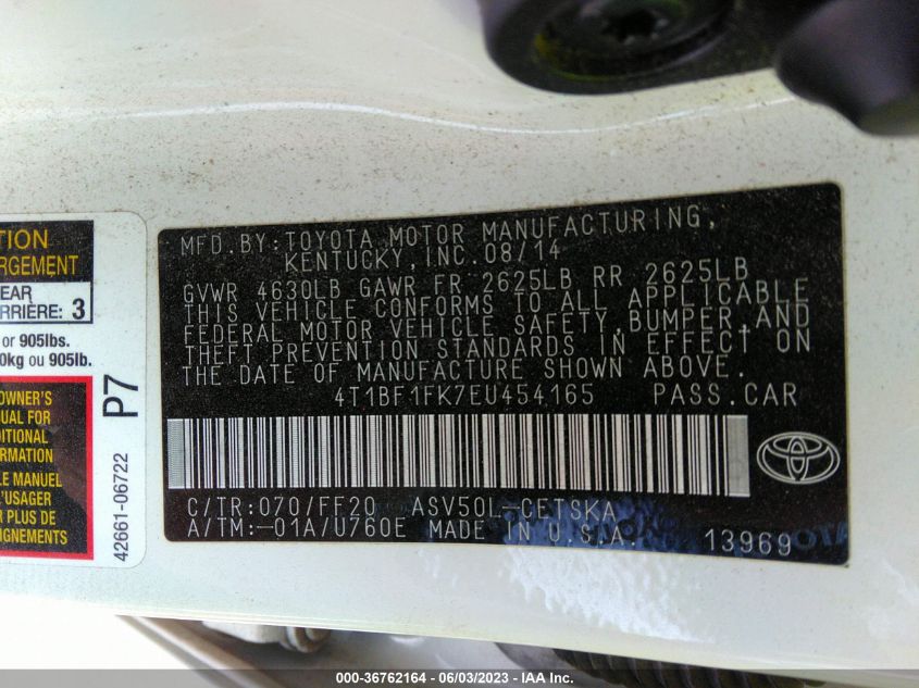 2014 TOYOTA CAMRY L/LE/XLE/SE/SE SPORT - 4T1BF1FK7EU454165