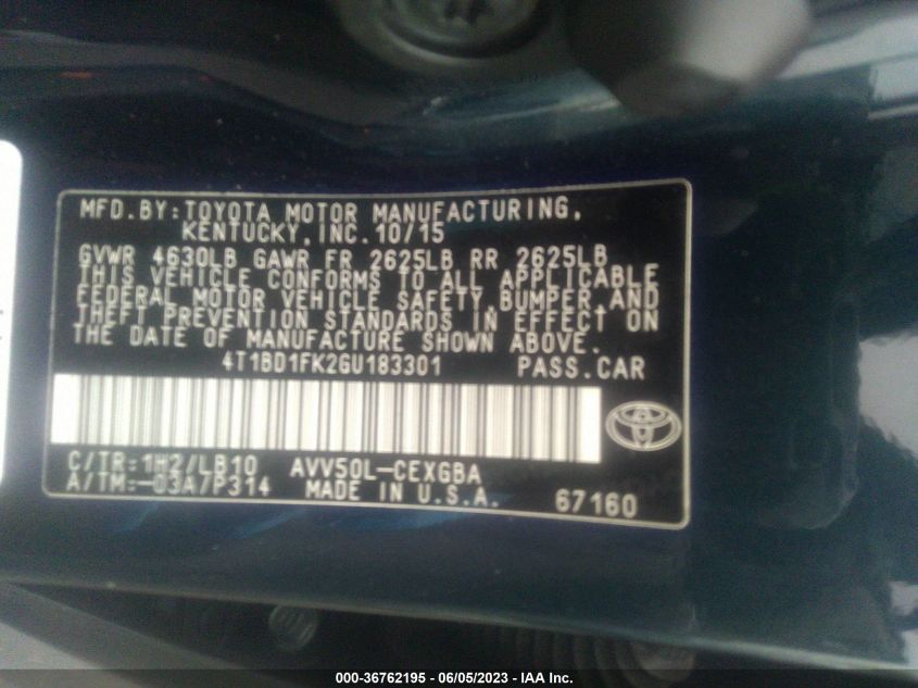 2016 TOYOTA CAMRY HYBRID XLE - 4T1BD1FK2GU183301