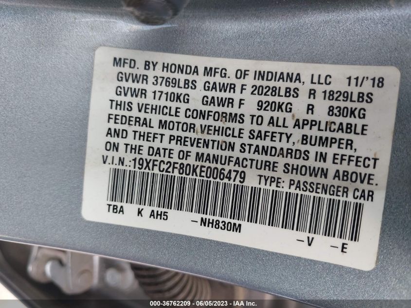 2019 HONDA CIVIC SEDAN SPORT - 19XFC2F80KE006479