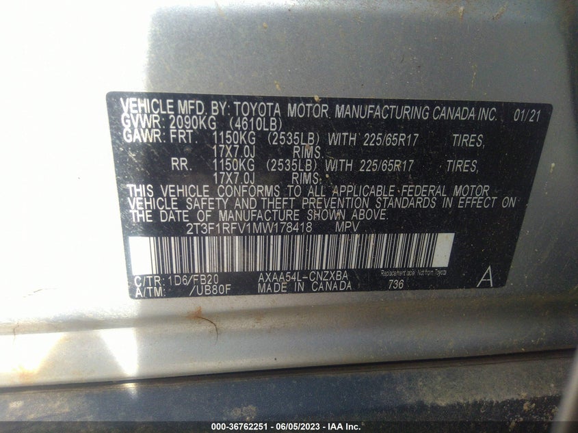 VIN 2T3F1RFV1MW178418 2021 TOYOTA RAV4 LE