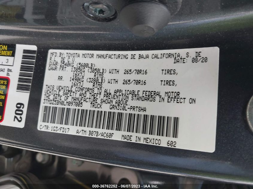 2020 TOYOTA TACOMA 4WD SR5/TRD SPORT - 3TMDZ5BN0LM097005