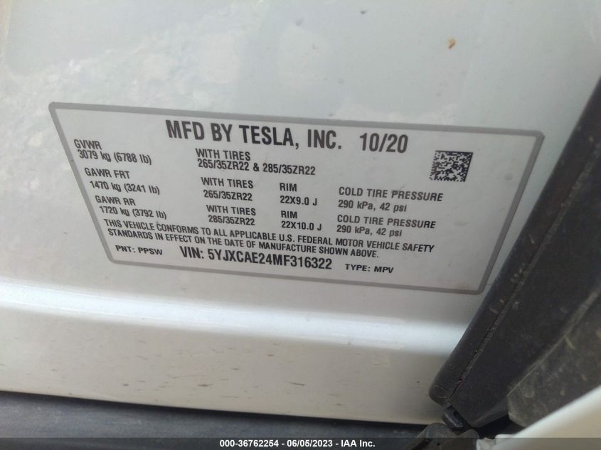 2021 TESLA MODEL X - 5YJXCAE24MF316322