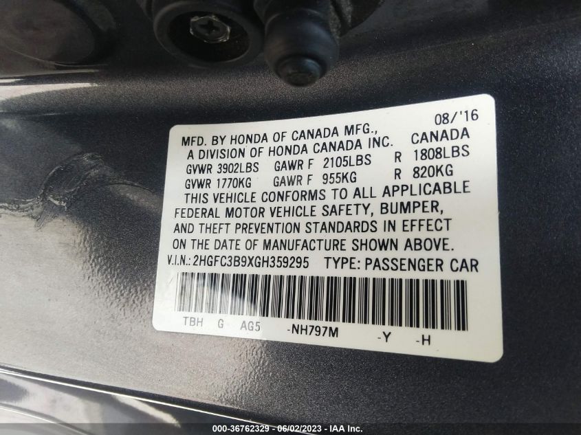 2016 HONDA CIVIC COUPE TOURING - 2HGFC3B9XGH359295
