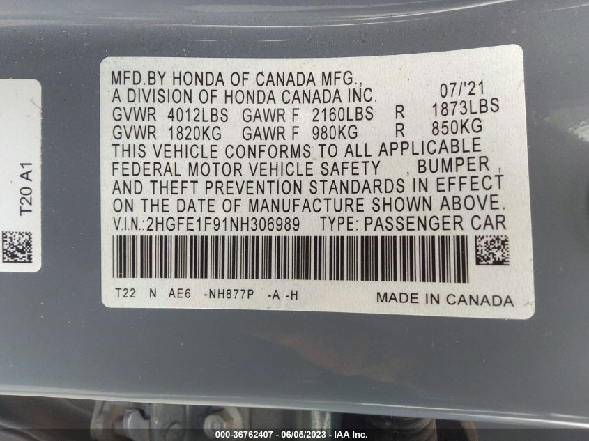 2022 HONDA CIVIC SEDAN TOURING - 2HGFE1F91NH306989