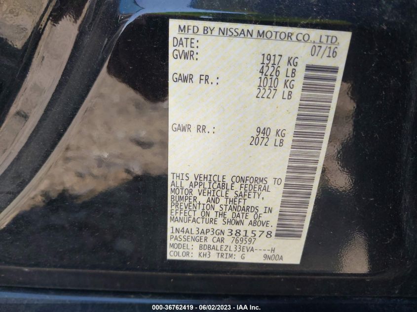 2016 NISSAN ALTIMA 2.5 S - 1N4AL3AP3GN381578