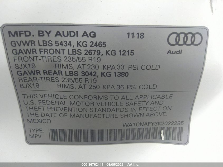 2019 AUDI Q5 PRESTIGE - WA1CNAFY3K2022285