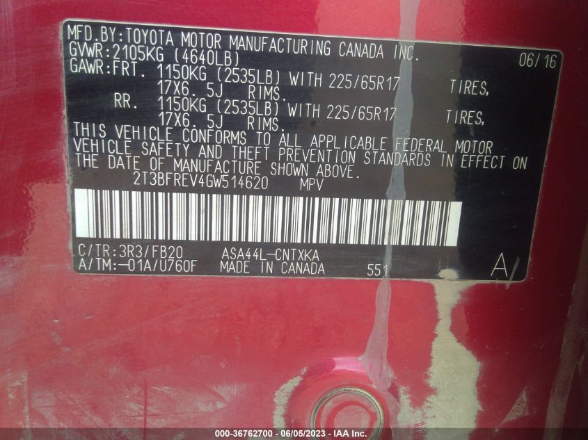2016 TOYOTA RAV4 LE - 2T3BFREV4GW514620