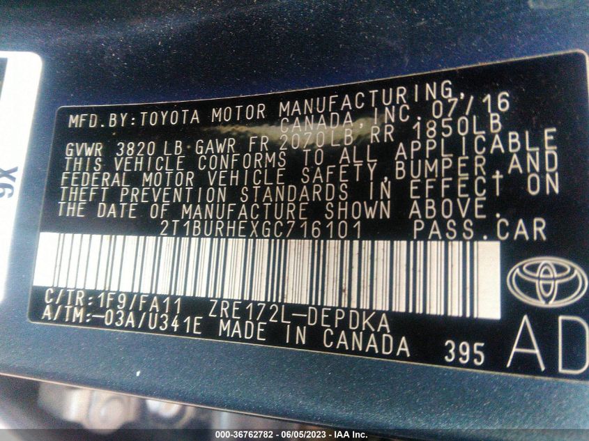 2016 TOYOTA COROLLA L/LE/LE PLS/PRM/S/S PLS - 2T1BURHEXGC716101