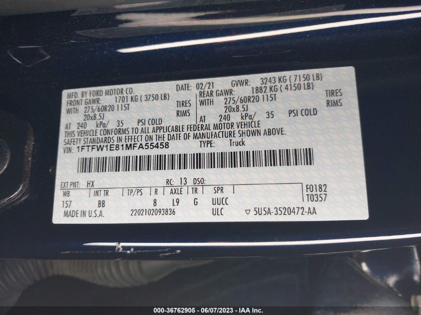 2021 FORD F-150 XL/XLT/LARIAT - 1FTFW1E81MFA55458