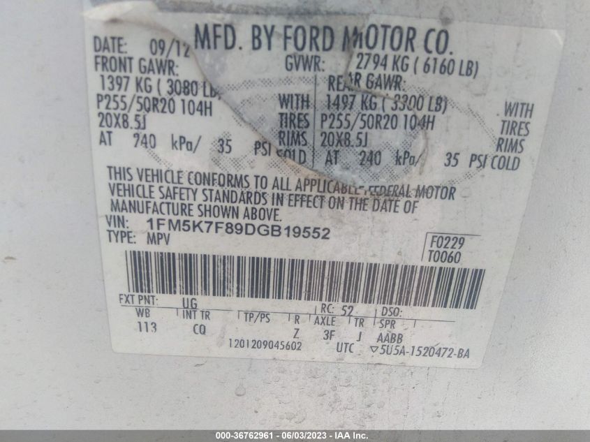 2013 FORD EXPLORER LIMITED - 1FM5K7F89DGB19552