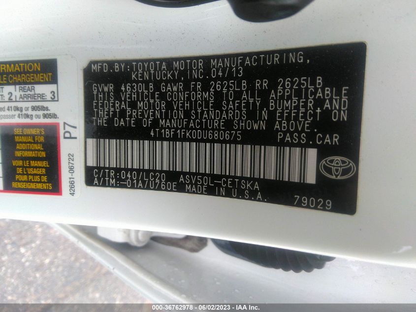 2013 TOYOTA CAMRY L/LE/SE/XLE - 4T1BF1FK0DU680675