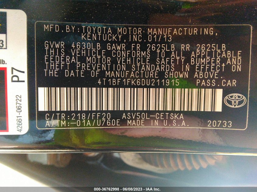 2013 TOYOTA CAMRY L/LE/SE/XLE - 4T1BF1FK6DU211915