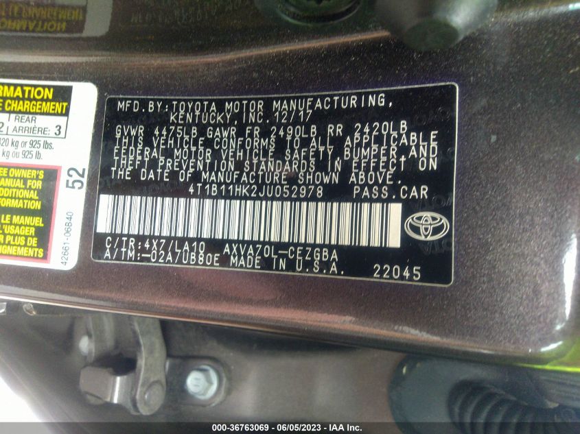2018 TOYOTA CAMRY LE/SE/XLE/L - 4T1B11HK2JU052978
