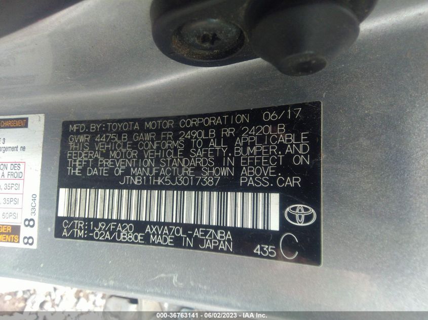 2018 TOYOTA CAMRY LE/SE/XLE/L - JTNB11HK5J3017387