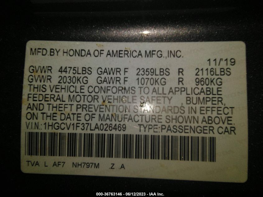 2020 HONDA ACCORD SEDAN SPORT - 1HGCV1F37LA026469