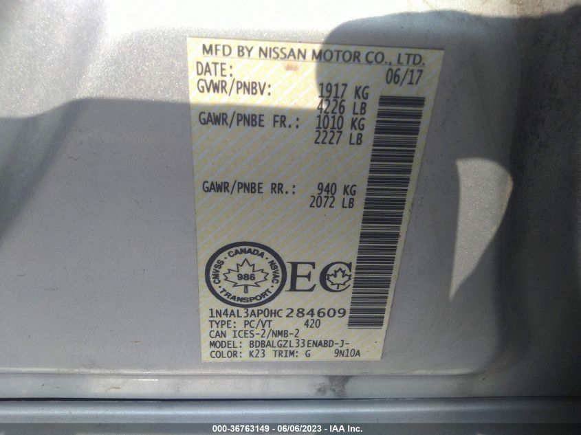2017 NISSAN ALTIMA 2.5/S/SV/SL/SR - 1N4AL3AP0HC284609
