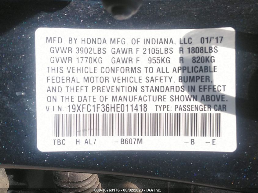2017 HONDA CIVIC SEDAN EX-T - 19XFC1F36HE011418