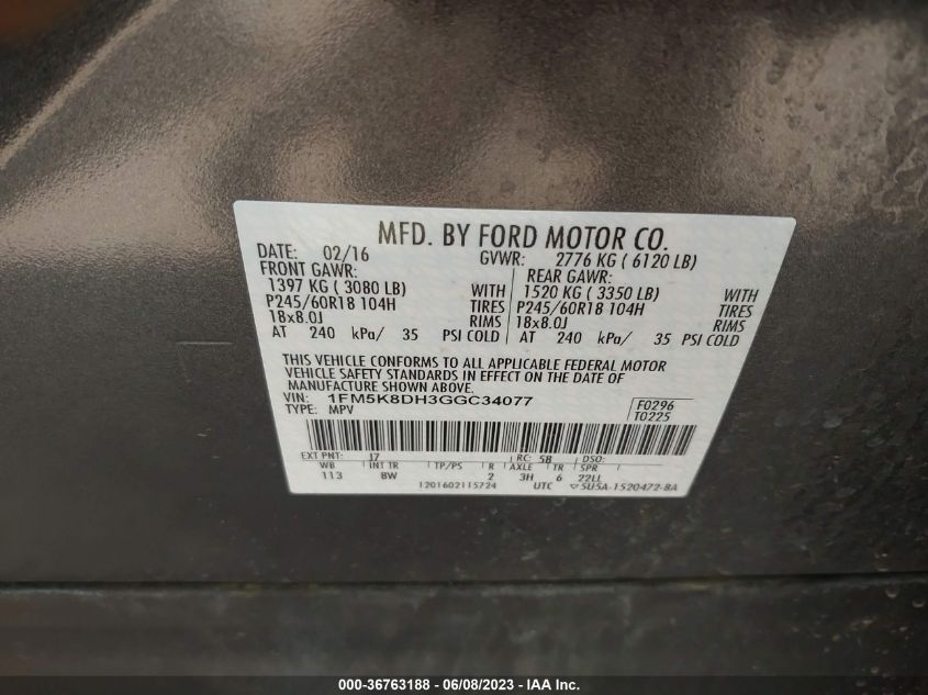 2016 FORD EXPLORER XLT - 1FM5K8DH3GGC34077