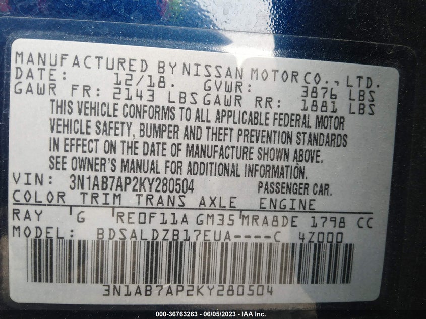VIN 3N1AB7AP2KY280504 2019 NISSAN SENTRA SV